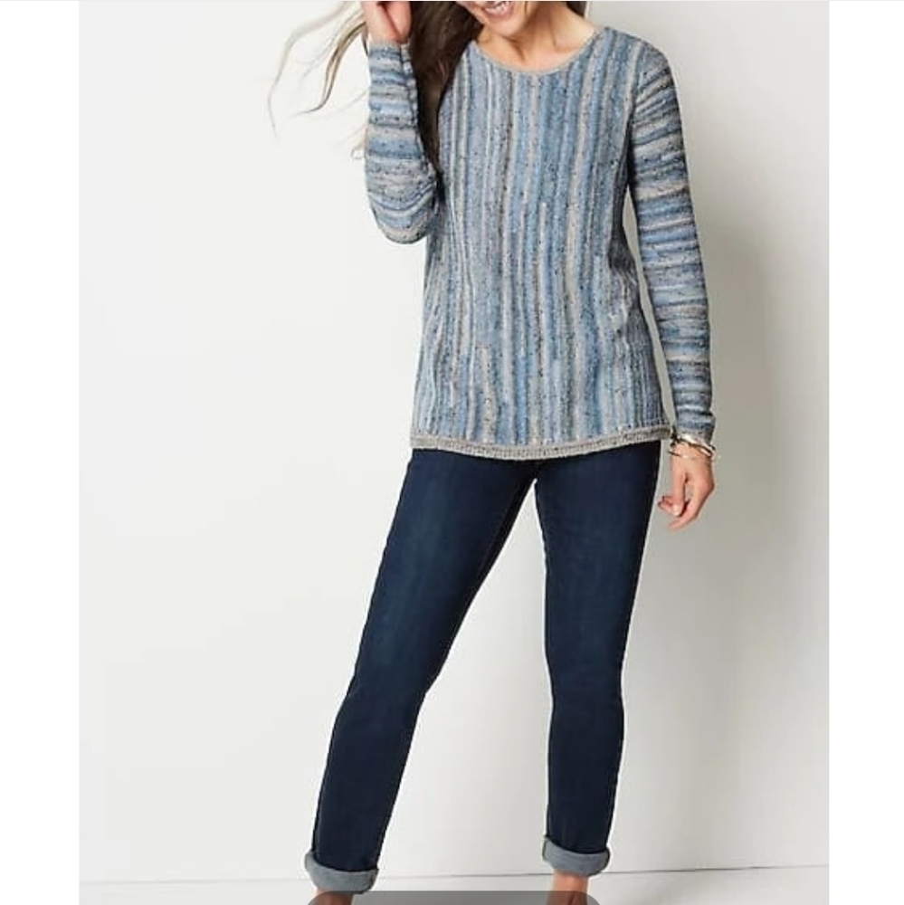 j jill L‎ cotton blend sweater abstract line green fall.